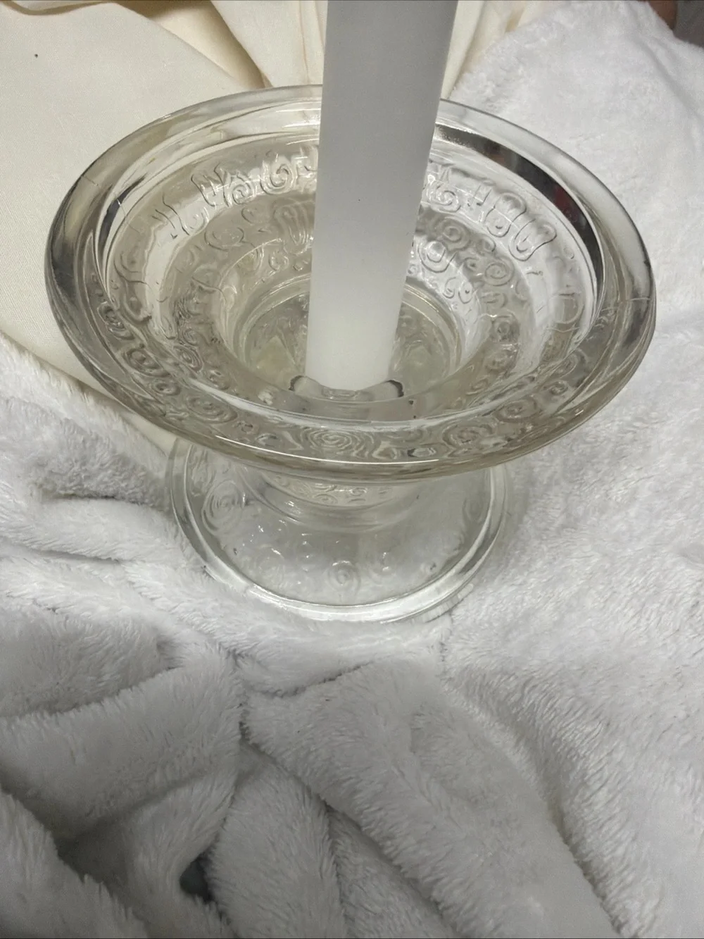 Clear Glass Pillar Candle Holder with White Taper Candle Vtg swirl